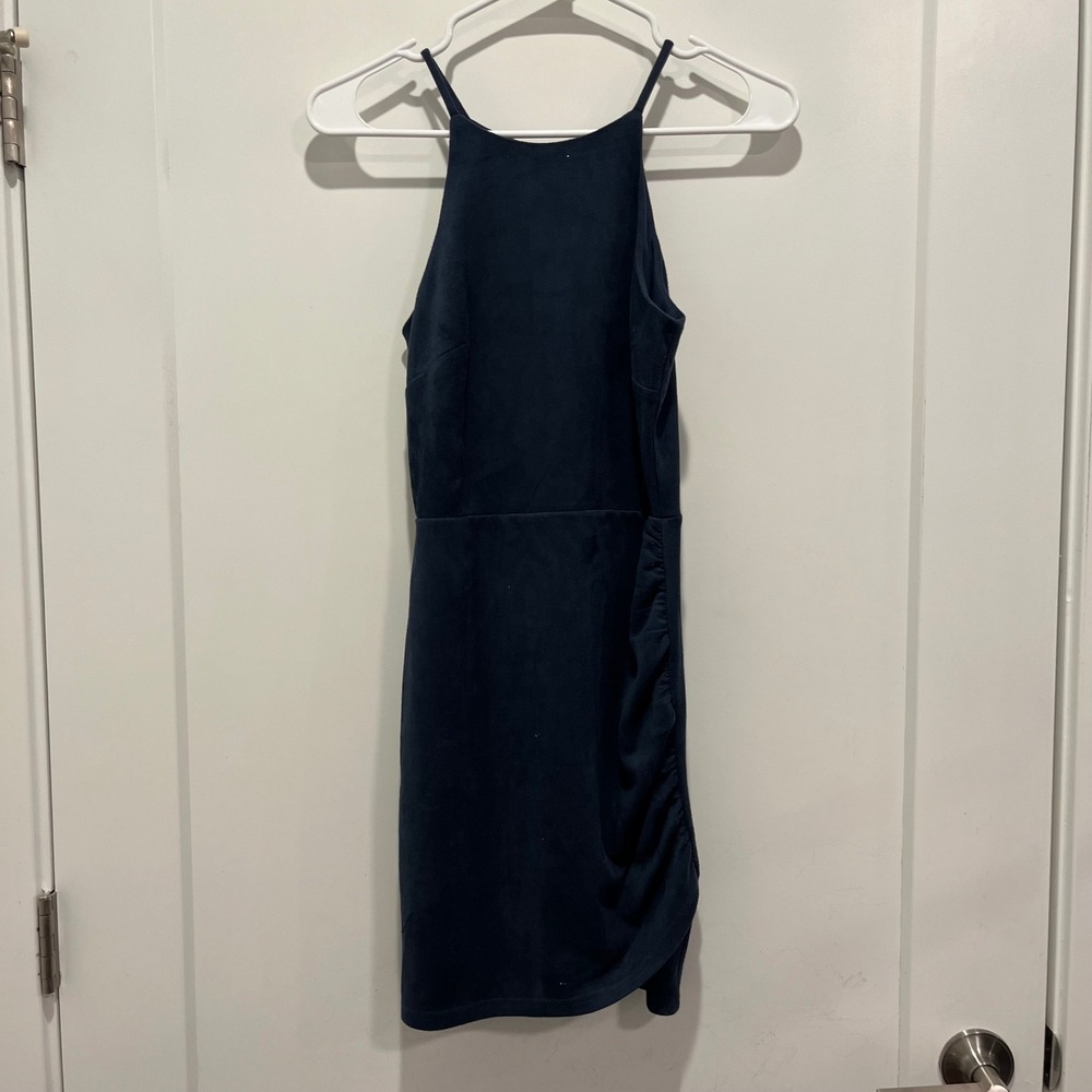 Soprano Navy Blue Faux Suede Halter Neck Mini Dress D20974DG XS NWT